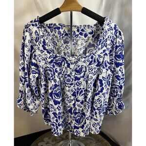 Rachel Zoe Blue White Floral Peasant Blouse Cottagecore Boho S Milkmaid Greece